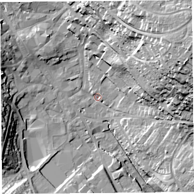 Shaded relief map of the ground around CA118JJ, computed from Environment Agency LiDAR. The ground here sits at about 126 m above sea level and falls 39 m across the surrounding 800 m. Surface water reaching this point runs off ground lying to the east-north-east, 35.6 m higher.