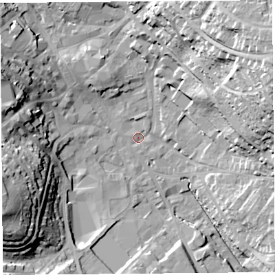 Shaded relief map of the ground around CA118JL, computed from Environment Agency LiDAR. The ground here sits at about 126 m above sea level and falls 37 m across the surrounding 800 m. Surface water reaching this point runs off ground lying to the north-east, 1.2 m higher.