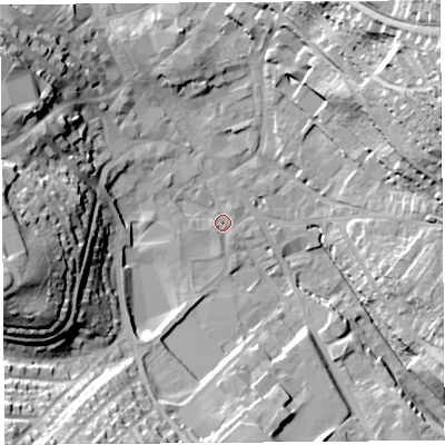 Shaded relief map of the ground around CA118JQ, computed from Environment Agency LiDAR. The ground here sits at about 126 m above sea level and falls 37 m across the surrounding 800 m. Surface water reaching this point runs off ground lying to the south-south-west, 3.1 m higher.