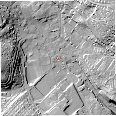 Shaded relief map of the ground around CA118RJ, computed from Environment Agency LiDAR. The ground here sits at about 126 m above sea level and falls 39 m across the surrounding 800 m. Surface water reaching this point runs off ground lying to the west, 1.0 m higher.