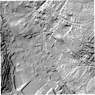 Shaded relief map of the ground around CA118RT, computed from Environment Agency LiDAR. The ground here sits at about 127 m above sea level and falls 39 m across the surrounding 800 m. Surface water reaching this point runs off ground lying to the north-north-east, 1.3 m higher.