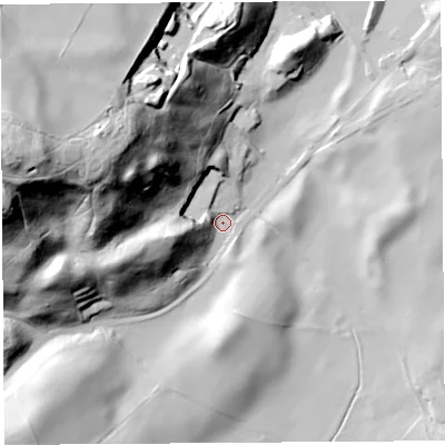 Shaded relief map of the ground around CA118SR, computed from Environment Agency LiDAR. The ground here sits at about 114 m above sea level and falls 98 m across the surrounding 800 m. Surface water reaching this point runs off ground lying to the west-north-west, 91.2 m higher.