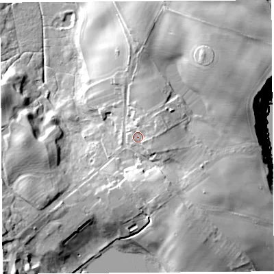 Shaded relief map of the ground around CA118SX, computed from Environment Agency LiDAR. The ground here sits at about 99 m above sea level and falls 25 m across the surrounding 800 m. Surface water reaching this point runs off ground lying to the east-north-east, 4.3 m higher.