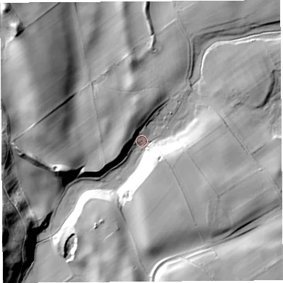 Shaded relief map of the ground around CA118TA, computed from Environment Agency LiDAR. The ground here sits at about 98 m above sea level and falls 43 m across the surrounding 800 m. Surface water reaching this point runs off ground lying to the south-west, 34.6 m higher.