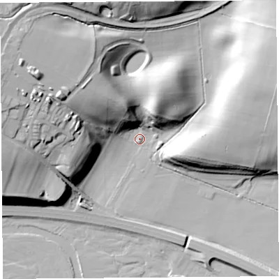 Shaded relief map of the ground around CA118UA, computed from Environment Agency LiDAR. The ground here sits at about 114 m above sea level and falls 34 m across the surrounding 800 m. Surface water reaching this point runs off ground lying to the north-north-west, 20.3 m higher.