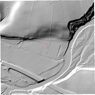 Shaded relief map of the ground around CA118UU, computed from Environment Agency LiDAR. The ground here sits at about 109 m above sea level and falls 33 m across the surrounding 800 m. Surface water reaching this point runs off ground lying to the north, 29.3 m higher.
