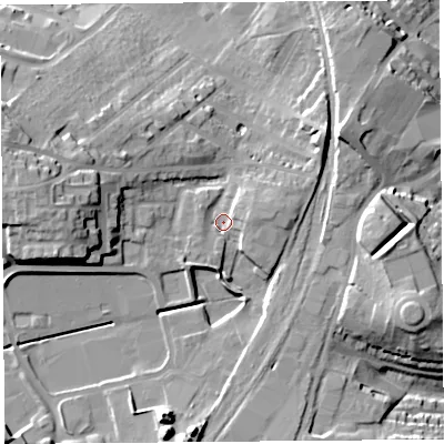 Shaded relief map of the ground around CA119BE, computed from Environment Agency LiDAR. The ground here sits at about 143 m above sea level and falls 22 m across the surrounding 800 m. Surface water reaching this point runs off ground lying to the west, 13.8 m higher.