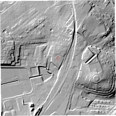 Shaded relief map of the ground around CA119DP, computed from Environment Agency LiDAR. The ground here sits at about 146 m above sea level and falls 26 m across the surrounding 800 m. Surface water reaching this point runs off ground lying to the north-north-east, 1.6 m higher.
