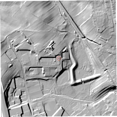 Shaded relief map of the ground around CA119FB, computed from Environment Agency LiDAR. The ground here sits at about 145 m above sea level and falls 25 m across the surrounding 800 m. Surface water reaching this point runs off ground lying to the north-west, 3.5 m higher.
