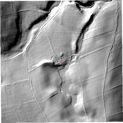 Shaded relief map of the ground around CA119LH, computed from Environment Agency LiDAR. The ground here sits at about 127 m above sea level and falls 48 m across the surrounding 800 m. Surface water reaching this point runs off ground lying to the west, 5.4 m higher.
