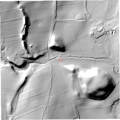 Shaded relief map of the ground around CA119LN, computed from Environment Agency LiDAR. The ground here sits at about 97 m above sea level and falls 53 m across the surrounding 800 m. Surface water reaching this point runs off ground lying to the north-west, 37.6 m higher.