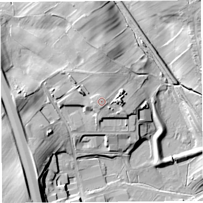 Shaded relief map of the ground around CA119NG, computed from Environment Agency LiDAR. The ground here sits at about 150 m above sea level and falls 23 m across the surrounding 800 m. The ground contributing surface water to this point lies to the north.
