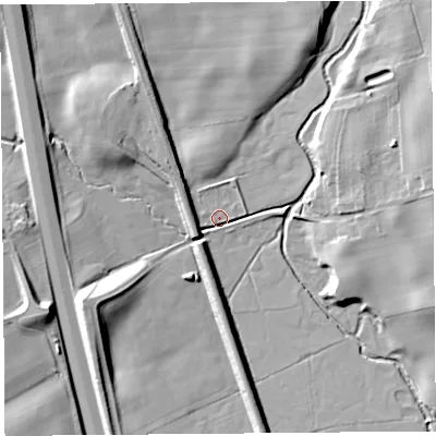 Shaded relief map of the ground around CA119NU, computed from Environment Agency LiDAR. The ground here sits at about 123 m above sea level and falls 15 m across the surrounding 800 m. Surface water reaching this point runs off ground lying to the west-south-west, 5.4 m higher.