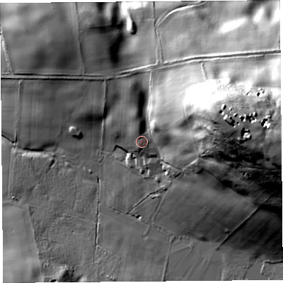 Shaded relief map of the ground around CA119PF, computed from Environment Agency LiDAR. The ground here sits at about 185 m above sea level and falls 71 m across the surrounding 800 m. Surface water reaching this point runs off ground lying to the east-north-east, 19.4 m higher.