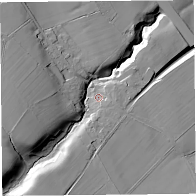 Shaded relief map of the ground around CA119QT, computed from Environment Agency LiDAR. The ground here sits at about 141 m above sea level and falls 46 m across the surrounding 800 m. Surface water reaching this point runs off ground lying to the south-south-west, 6.3 m higher.