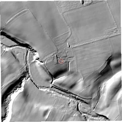 Shaded relief map of the ground around CA119RX, computed from Environment Agency LiDAR. The ground here sits at about 123 m above sea level and falls 32 m across the surrounding 800 m. Surface water reaching this point runs off ground lying to the west-north-west, 3.6 m higher.