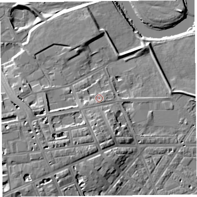 Shaded relief map of the ground around CA11HP, computed from Environment Agency LiDAR. The ground here sits at about 17 m above sea level and falls 13 m across the surrounding 800 m. Surface water reaching this point runs off ground lying to the south-south-east, 1.8 m higher.