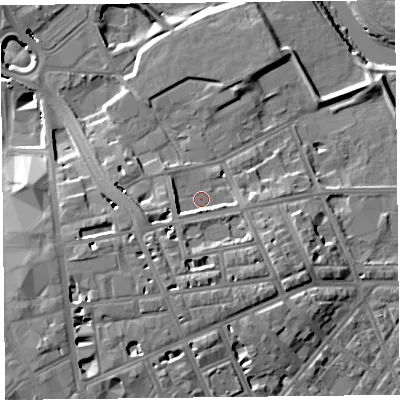 Shaded relief map of the ground around CA11HS, computed from Environment Agency LiDAR. The ground here sits at about 17 m above sea level and falls 16 m across the surrounding 800 m. Surface water reaching this point runs off ground lying to the west-south-west, 4.5 m higher.