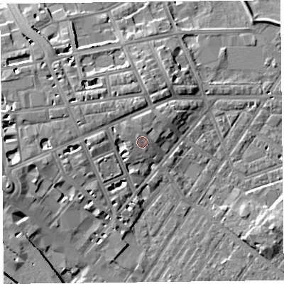 Shaded relief map of the ground around CA11HY, computed from Environment Agency LiDAR. The ground here sits at about 21 m above sea level and falls 12 m across the surrounding 800 m. Surface water reaching this point runs off ground lying to the north, 1.3 m higher.