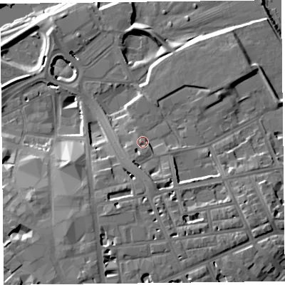Shaded relief map of the ground around CA11JB, computed from Environment Agency LiDAR. The ground here sits at about 19 m above sea level and falls 17 m across the surrounding 800 m. Surface water reaching this point runs off ground lying to the south, 4.1 m higher.