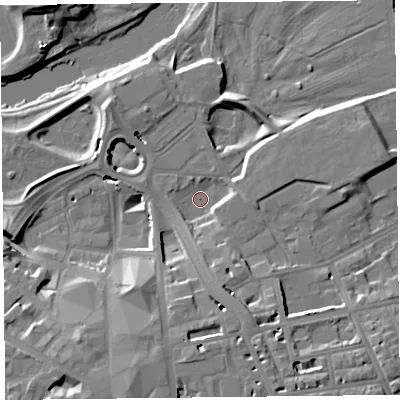Shaded relief map of the ground around CA11JD, computed from Environment Agency LiDAR. The ground here sits at about 14 m above sea level and falls 16 m across the surrounding 800 m. Surface water reaching this point runs off ground lying to the south-south-east, 7.7 m higher.