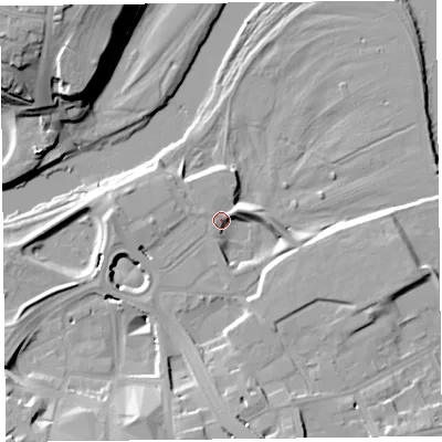 Shaded relief map of the ground around CA11JG, computed from Environment Agency LiDAR. The ground here sits at about 15 m above sea level and falls 23 m across the surrounding 800 m. Surface water reaching this point runs off ground lying to the east-north-east, 3.8 m higher.