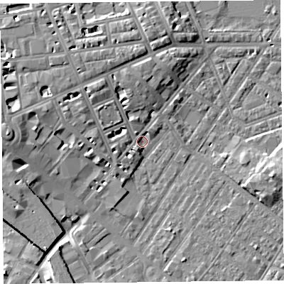 Shaded relief map of the ground around CA11JP, computed from Environment Agency LiDAR. The ground here sits at about 17 m above sea level and falls 11 m across the surrounding 800 m. Surface water reaching this point runs off ground lying to the north-west, 5.2 m higher.