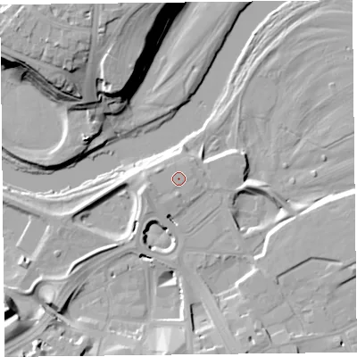 Shaded relief map of the ground around CA11JQ, computed from Environment Agency LiDAR. The ground here sits at about 16 m above sea level and falls 23 m across the surrounding 800 m. Surface water reaching this point runs off ground lying to the west-south-west, 1.2 m higher.