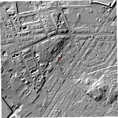 Shaded relief map of the ground around CA11JS, computed from Environment Agency LiDAR. The ground here sits at about 18 m above sea level and falls 9 m across the surrounding 800 m. Surface water reaching this point runs off ground lying to the west-north-west, 5.2 m higher.