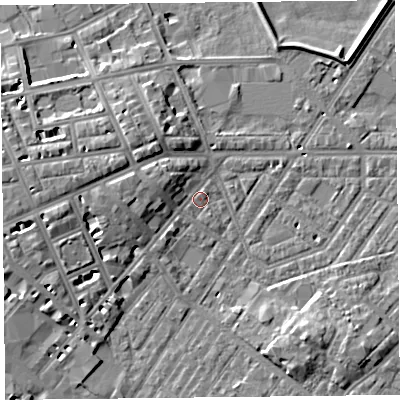 Shaded relief map of the ground around CA11JT, computed from Environment Agency LiDAR. The ground here sits at about 17 m above sea level and falls 9 m across the surrounding 800 m. Surface water reaching this point runs off ground lying to the west, 6.1 m higher.