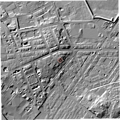 Shaded relief map of the ground around CA11LA, computed from Environment Agency LiDAR. The ground here sits at about 20 m above sea level and falls 10 m across the surrounding 800 m. Surface water reaching this point runs off ground lying to the west, 1.7 m higher.