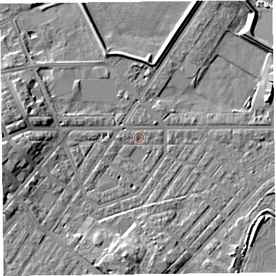 Shaded relief map of the ground around CA11LG, computed from Environment Agency LiDAR. The ground here sits at about 15 m above sea level and falls 10 m across the surrounding 800 m. Surface water reaching this point runs off ground lying to the west, 6.3 m higher.