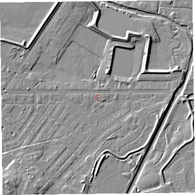 Shaded relief map of the ground around CA11LH, computed from Environment Agency LiDAR. The ground here sits at about 15 m above sea level and falls 10 m across the surrounding 800 m. Surface water reaching this point runs off ground lying to the south-south-west, 6.2 m higher.