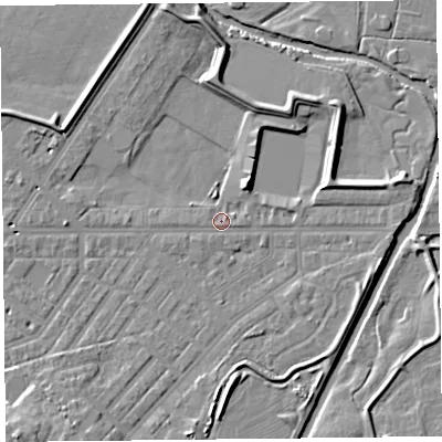 Shaded relief map of the ground around CA11LJ, computed from Environment Agency LiDAR. The ground here sits at about 15 m above sea level and falls 10 m across the surrounding 800 m. Surface water reaching this point runs off ground lying to the south-west, 7.1 m higher.