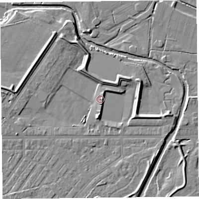 Shaded relief map of the ground around CA11LL, computed from Environment Agency LiDAR. The ground here sits at about 15 m above sea level and falls 7 m across the surrounding 800 m. Surface water reaching this point runs off ground lying to the south, 4.4 m higher.
