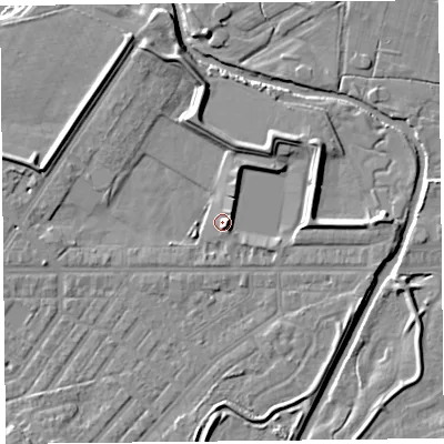 Shaded relief map of the ground around CA11LN, computed from Environment Agency LiDAR. The ground here sits at about 16 m above sea level and falls 8 m across the surrounding 800 m. Surface water reaching this point runs off ground lying to the south-west, 5.5 m higher.
