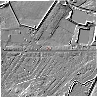 Shaded relief map of the ground around CA11LP, computed from Environment Agency LiDAR. The ground here sits at about 15 m above sea level and falls 10 m across the surrounding 800 m. Surface water reaching this point runs off ground lying to the west, 3.7 m higher.