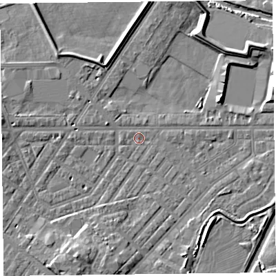 Shaded relief map of the ground around CA11LQ, computed from Environment Agency LiDAR. The ground here sits at about 15 m above sea level and falls 10 m across the surrounding 800 m. Surface water reaching this point runs off ground lying to the south-south-west, 6.8 m higher.