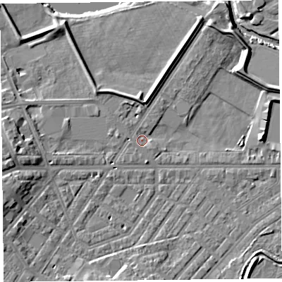 Shaded relief map of the ground around CA11LR, computed from Environment Agency LiDAR. The ground here sits at about 15 m above sea level and falls 11 m across the surrounding 800 m. Surface water reaching this point runs off ground lying to the west, 7.2 m higher.