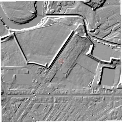 Shaded relief map of the ground around CA11LS, computed from Environment Agency LiDAR. The ground here sits at about 15 m above sea level and falls 8 m across the surrounding 800 m. Surface water reaching this point runs off ground lying to the north-north-east, 3.3 m higher.