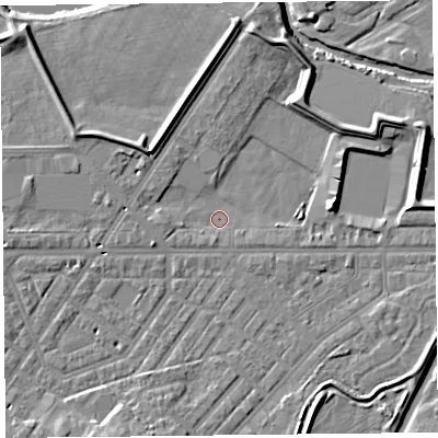 Shaded relief map of the ground around CA11LW, computed from Environment Agency LiDAR. The ground here sits at about 14 m above sea level and falls 10 m across the surrounding 800 m. Surface water reaching this point runs off ground lying to the south, 2.0 m higher.