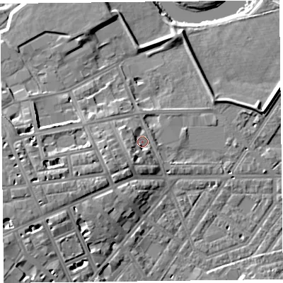 Shaded relief map of the ground around CA11LX, computed from Environment Agency LiDAR. The ground here sits at about 17 m above sea level and falls 13 m across the surrounding 800 m. Surface water reaching this point runs off ground lying to the south-south-west, 4.3 m higher.