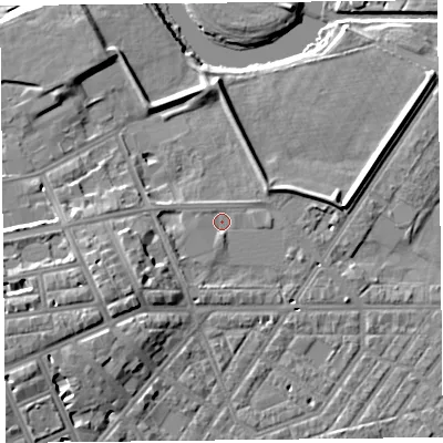 Shaded relief map of the ground around CA11LY, computed from Environment Agency LiDAR. The ground here sits at about 15 m above sea level and falls 12 m across the surrounding 800 m. Surface water reaching this point runs off ground lying to the west-south-west, 7.2 m higher.