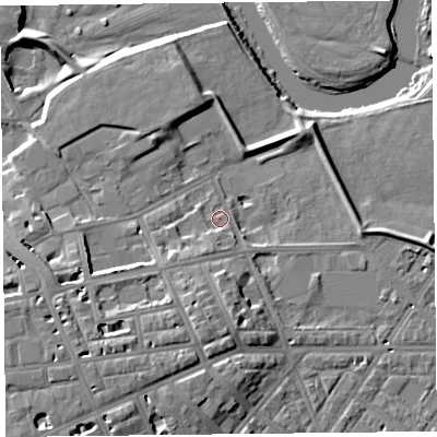 Shaded relief map of the ground around CA11LZ, computed from Environment Agency LiDAR. The ground here sits at about 16 m above sea level and falls 12 m across the surrounding 800 m. Surface water reaching this point runs off ground lying to the south-west, 3.1 m higher.