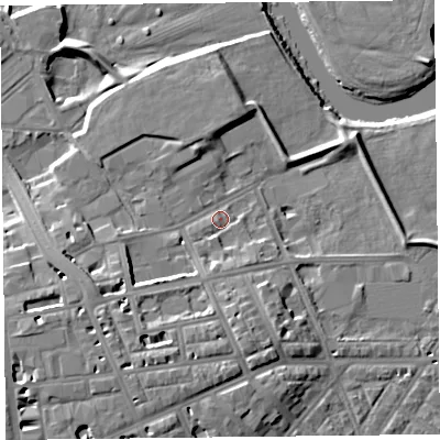 Shaded relief map of the ground around CA11NB, computed from Environment Agency LiDAR. The ground here sits at about 16 m above sea level and falls 14 m across the surrounding 800 m. Surface water reaching this point runs off ground lying to the south-west, 7.4 m higher.