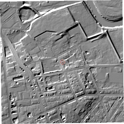 Shaded relief map of the ground around CA11NE, computed from Environment Agency LiDAR. The ground here sits at about 17 m above sea level and falls 15 m across the surrounding 800 m. Surface water reaching this point runs off ground lying to the south-south-west, 5.9 m higher.