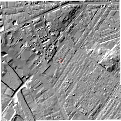 Shaded relief map of the ground around CA11SE, computed from Environment Agency LiDAR. The ground here sits at about 18 m above sea level and falls 11 m across the surrounding 800 m. Surface water reaching this point runs off ground lying to the west-south-west, 2.4 m higher.