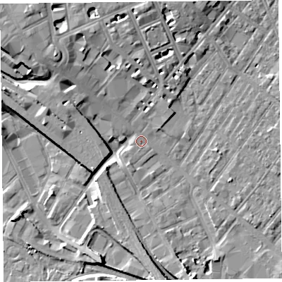 Shaded relief map of the ground around CA11SN, computed from Environment Agency LiDAR. The ground here sits at about 19 m above sea level and falls 11 m across the surrounding 800 m. Surface water reaching this point runs off ground lying to the north-west, 7.0 m higher.