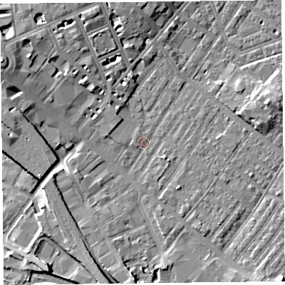 Shaded relief map of the ground around CA11SQ, computed from Environment Agency LiDAR. The ground here sits at about 18 m above sea level and falls 10 m across the surrounding 800 m. Surface water reaching this point runs off ground lying to the west-north-west, 7.5 m higher.