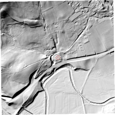 Shaded relief map of the ground around CA124AE, computed from Environment Agency LiDAR. The ground here sits at about 145 m above sea level and falls 79 m across the surrounding 800 m. Surface water reaching this point runs off ground lying to the north-north-east, 2.1 m higher.